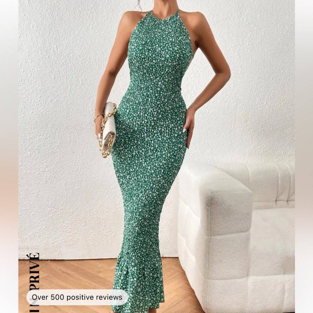 Privé Ditsy Floral Print Tie Backless Mermaid Hem Halter Dress